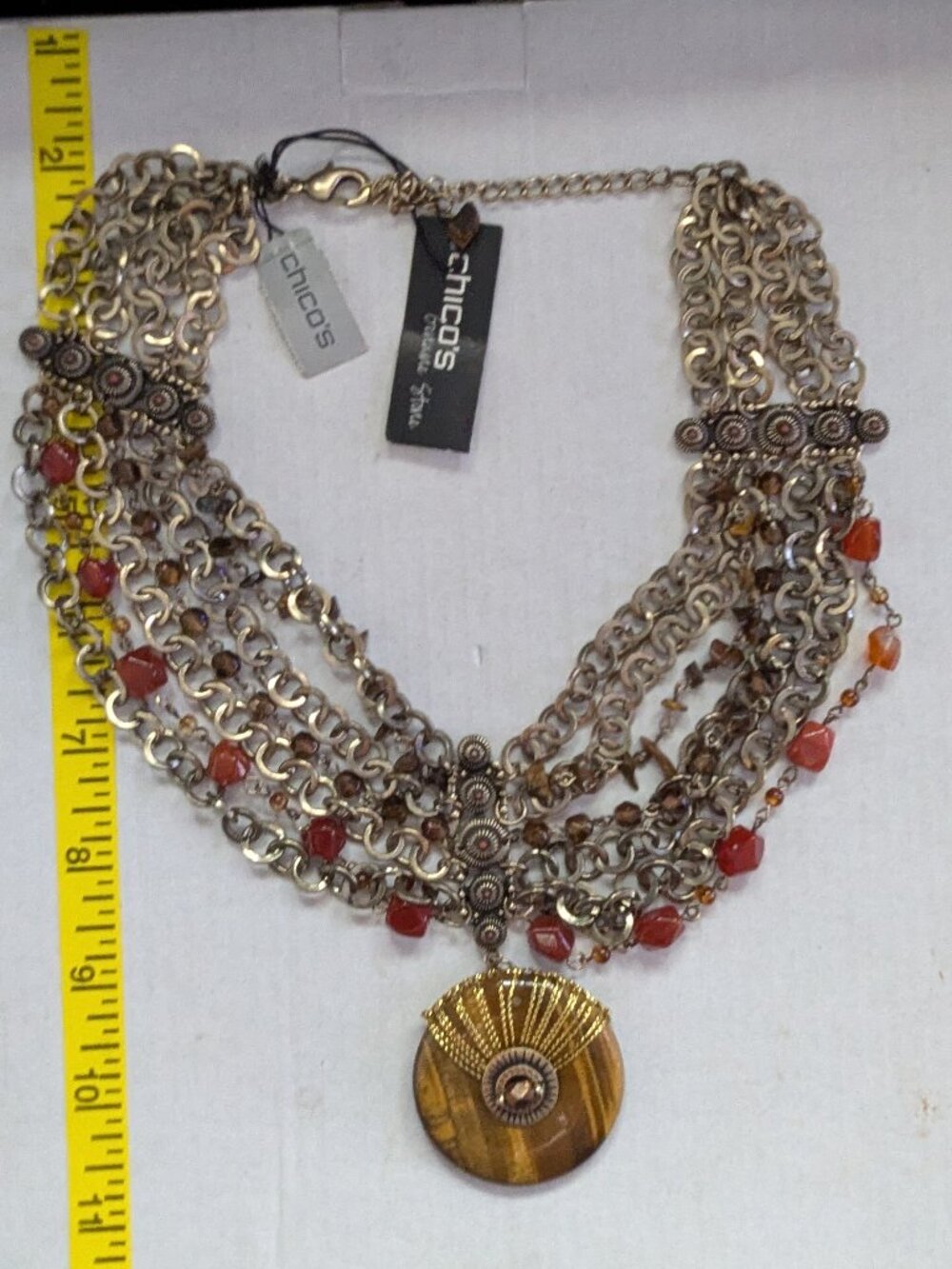 CHICO'S Antique Gold Tone Round Tiger's Eye Pendant Agate Multi Strand Necklace